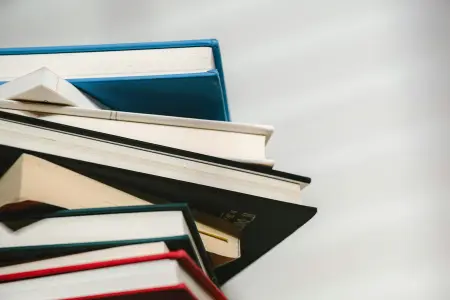 Stapel aus gebundenen Büchern unterschiedlicher Dicke von schräg unten vor hellem Hintergrund, oben ein blauer Einband, unten ein roter