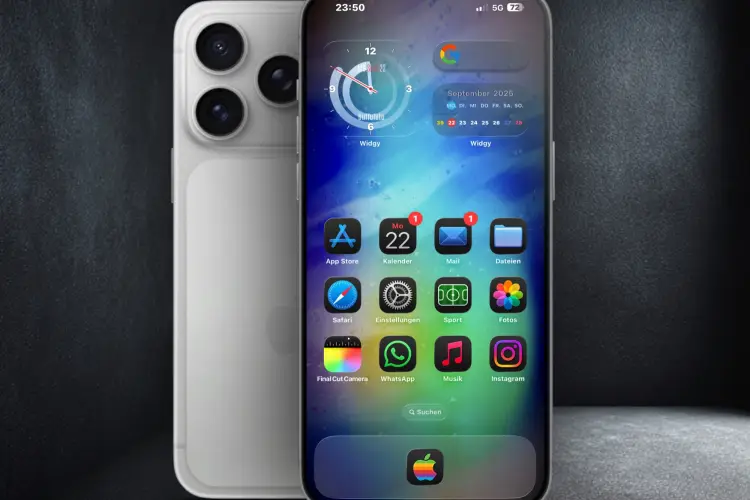 An iPhone with a clock widget and a calendar widget above the app icons on its home screen, the back of a second iPhone behind it against a dark background