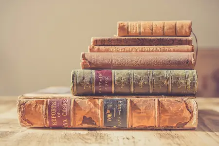 Sechs alte, in Leder gebundene Bücher unterschiedlicher Größe liegen gestapelt auf einem Holztisch, unten der größte Band, oben der kleinste